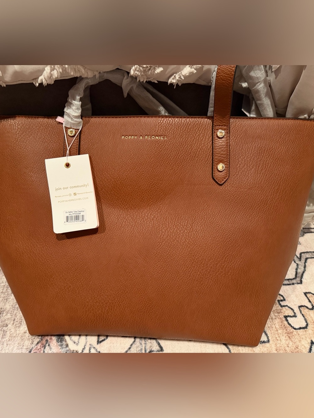 Poppy & Peonies Chestnut Brown Pebbled Leather Tote